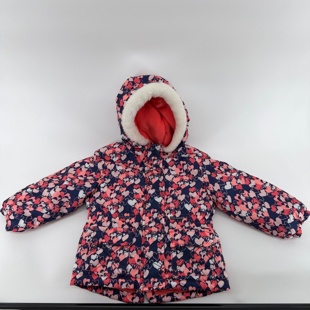 OshKosh Bgosh Girls Navy Pink Heart Print Hooded Puffer Jacket Coat 24M